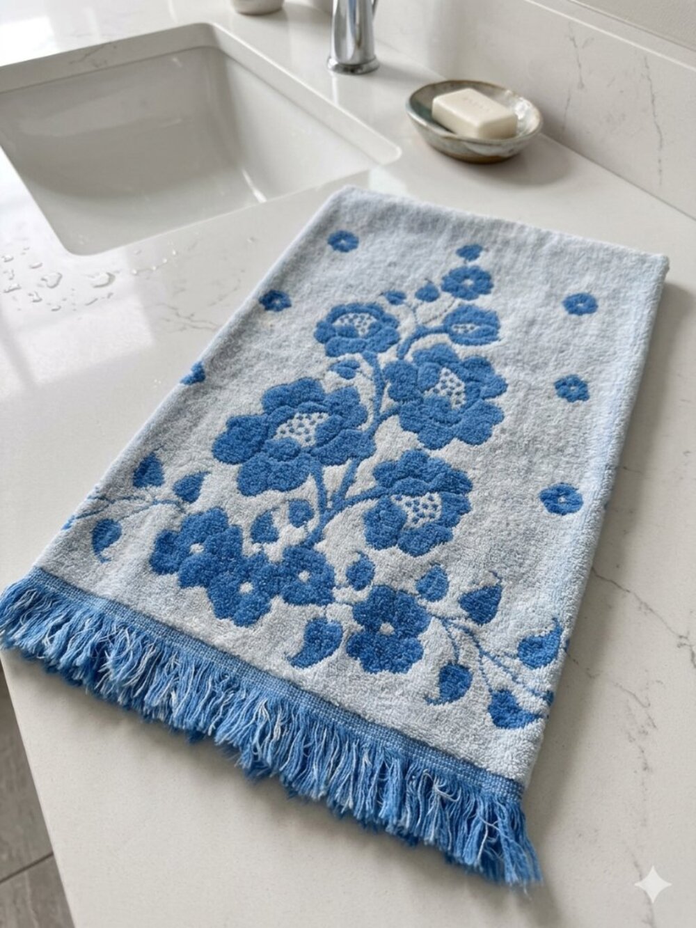Vintage 1970s Bath Towel Cannon Monticello Blue Floral 100% Cotton